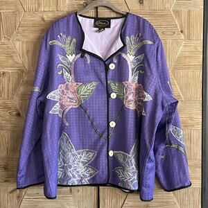 NWT Alex Kim Womens 3X Button Up Floral Embroidered Purple Lightweight Jacket
